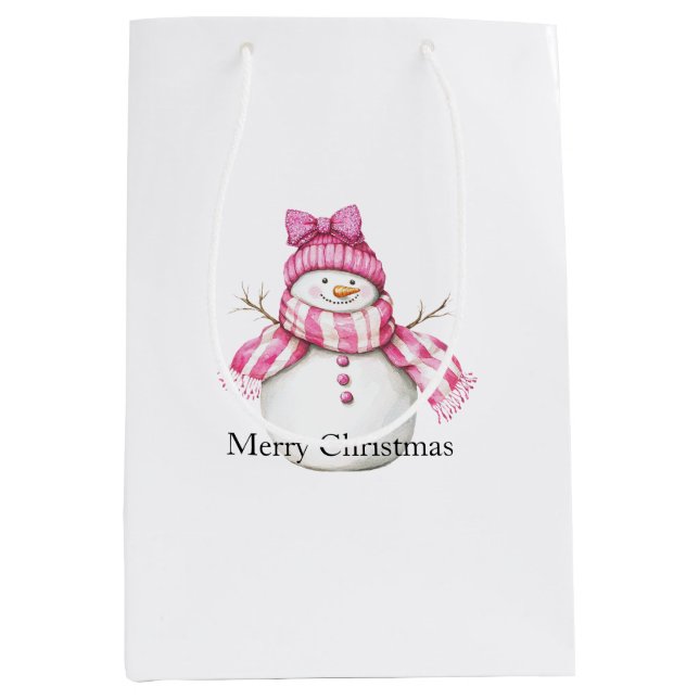 Pink Glam Snowman Snowwoman Christmas Mittlere Geschenktüte (Vorderseite)