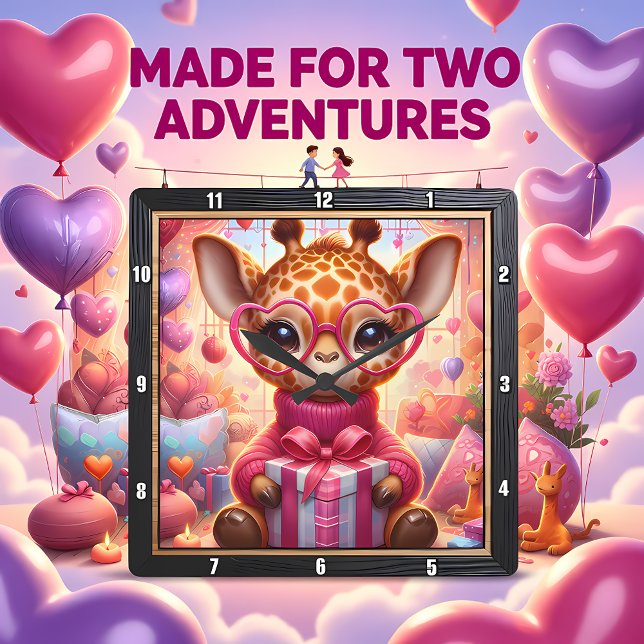 Pink Glasses Giraffe Valentine Quadratische Wanduhr (Von Creator hochgeladen)