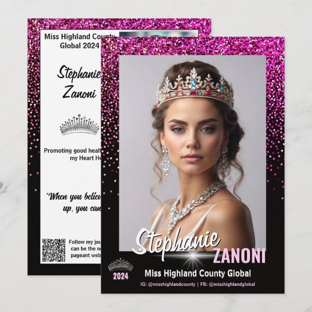 Pink Glimmer Pageant Autogrammkarte | QR Code Einladung (Vorne/Hinten)