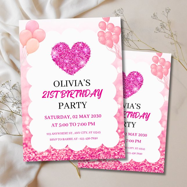 Pink Glitter & Balloons Birthday Party  Einladung (Pink Glitter & Balloons Birthday Party Invitation
)