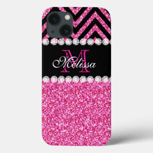 Pink Glitter Black Chevron Monogram iPhone 13 Hülle