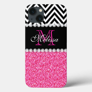PINK GLITTER BLACK CHEVRON MONOGRAMMED Case-Mate iPhone HÜLLE