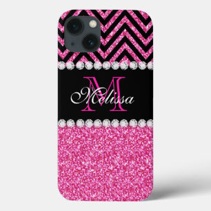 Pink Glitter Black Chevron MonogramMED Case-Mate iPhone Hülle