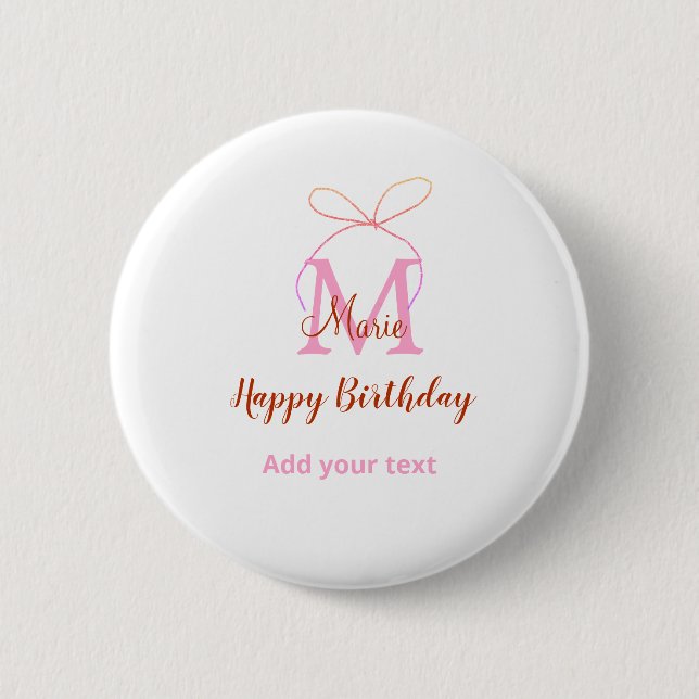 Pink glitter bow add name letter monogram birthday button (Vorderseite)