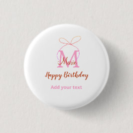 Pink glitter bow add name letter monogram birthday button