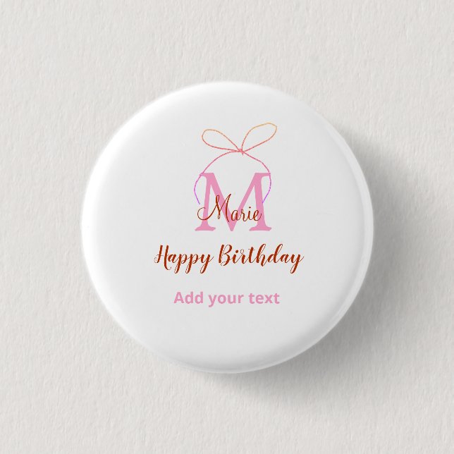 Pink glitter bow add name letter monogram birthday button (Vorderseite)