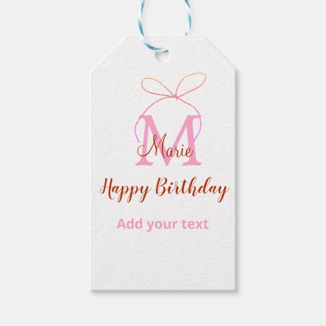 Pink glitter bow add name letter monogram birthday geschenkanhänger (Vorderseite)