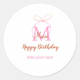 Pink glitter bow add name letter monogram birthday runder aufkleber