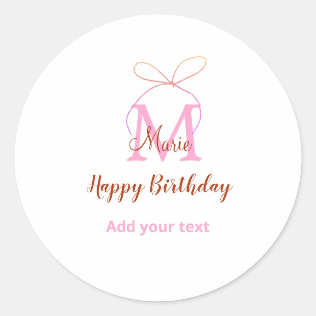 Pink glitter bow add name letter monogram birthday runder aufkleber (Vorderseite)