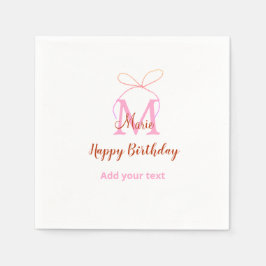 Pink glitter bow add name letter monogram birthday serviette