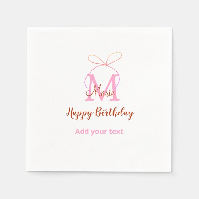 Pink glitter bow add name letter monogram birthday serviette (Vorderseite)