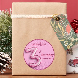 Pink glitter cute balloon no.3 girly 3rd birthday runder aufkleber