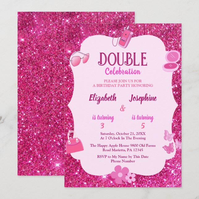 Pink Glitter Double Birthday Party For Girls  Einladung (Vorne/Hinten)