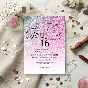 Pink Glitter Fancy Schriftzug Sweet 16 Geburtstags Einladung