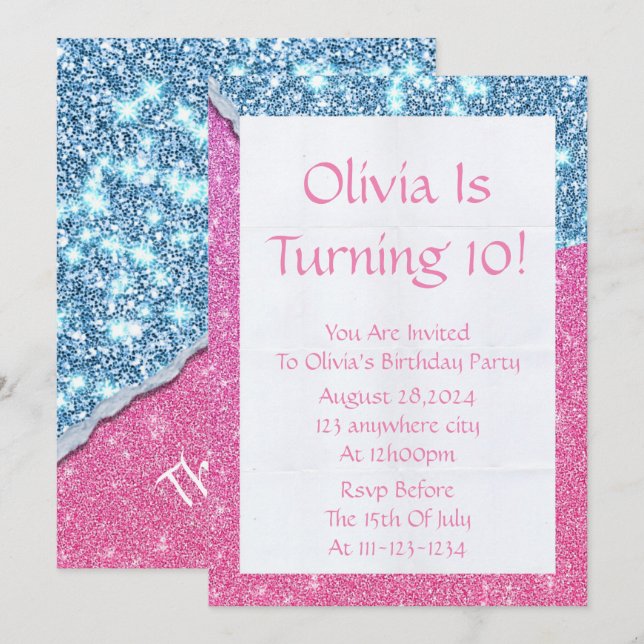 PINK GLITTER GIRL BIRTHDAY INVITATION EINLADUNG (Vorne/Hinten)