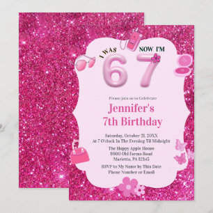 Pink Glitter Mädchen 7. Geburtstag War 6 Jetzt 7 Einladung