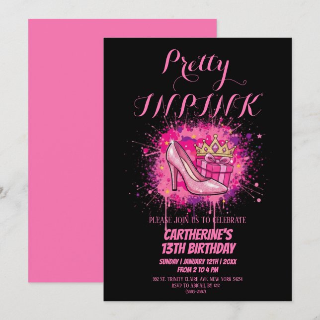 Pink Glitter Pretty in Pink Birthday Party  Einladung (Vorne/Hinten)