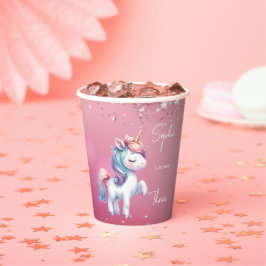 Pink Glitter Rainbow Unicorn Birthday Pappbecher