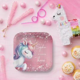 Pink Glitter Rainbow Unicorn Birthday Pappteller