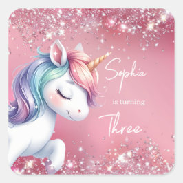 Pink Glitter Rainbow Unicorn Birthday Quadratischer Aufkleber