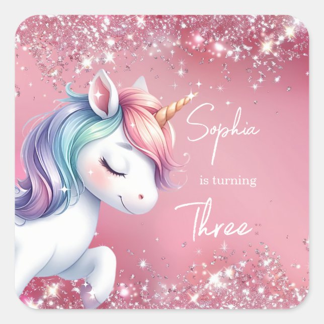 Pink Glitter Rainbow Unicorn Birthday Quadratischer Aufkleber (Vorderseite)