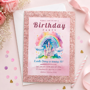 Pink Glitter Regenbogen Schloss 16. Geburtstagsfei Einladung
