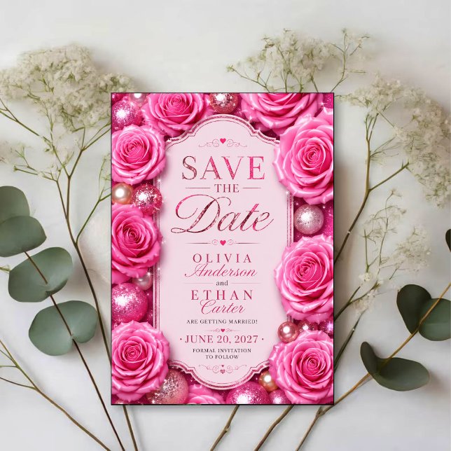 Pink Glitter Rose Glamorous Floral  Save The Date (Von Creator hochgeladen)