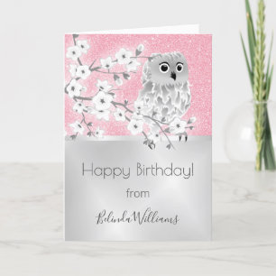 Pink Glitter Silver Owl Happy Birthday Karte