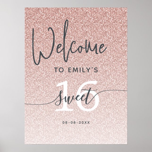 Pink Glitter Sweet 16 Willkommensschild Poster (Vorne)