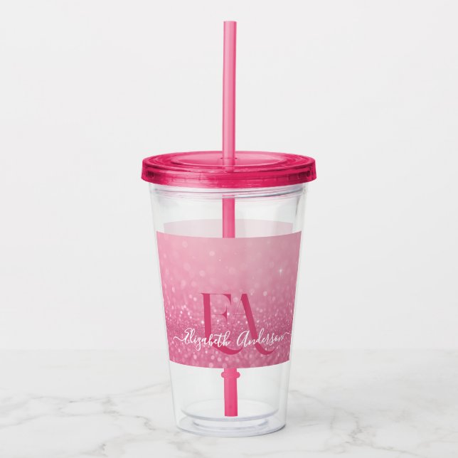 Pink Glitzer Akryltumbler mit Name und Initialen Acryltrinkbecher (Vorderseite)