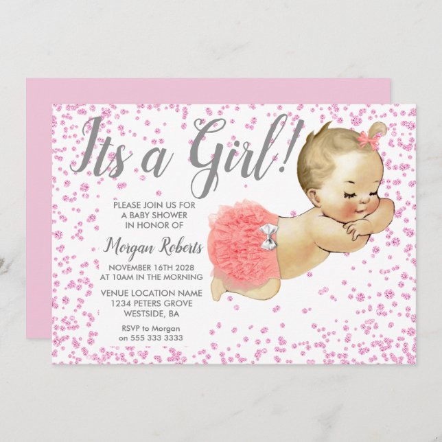 Pink Glitzer Baby mit einer Girl-Babydusche laden  Einladung (Vorne/Hinten)