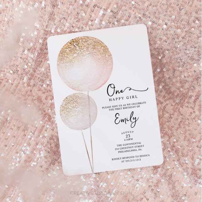 Pink Glitzer Balloons Girl First Birthday Party Einladung (Minimal First Birthday)