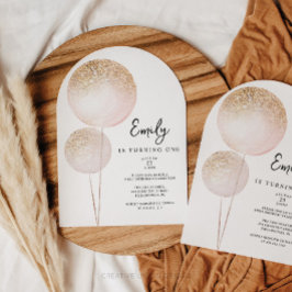 Pink Glitzer Balloons Girl First Birthday Party Einladung