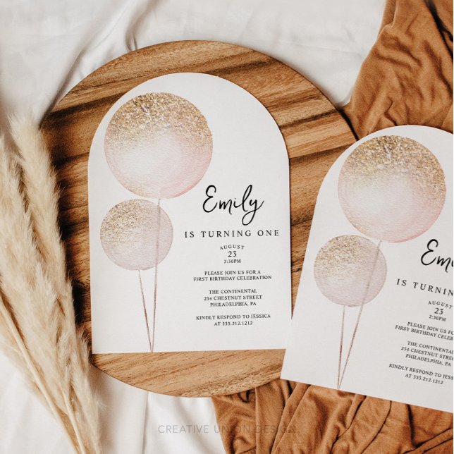 Pink Glitzer Balloons Girl First Birthday Party Einladung (Minimal First Birthday)