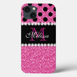 Pink Glitzer Black Polka Dots Mit Monogramm Case-Mate iPhone Hülle