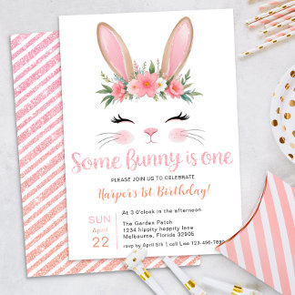Pink Glitzer Bunny Floral Erster Geburtstag Einladung