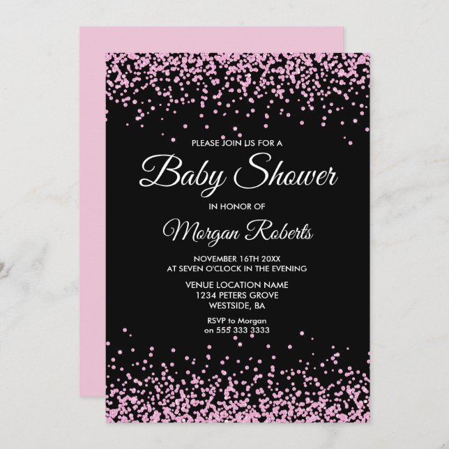 Pink Glitzer Confetti Black Baby Dusche laden ein Einladung (Vorne/Hinten)