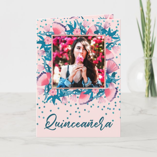 Pink Glitzer Confetti Floral Español Quinceañera Einladung (Vorderseite)