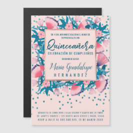 Pink Glitzer Confetti Floral Español Quinceañera Magneteinladung