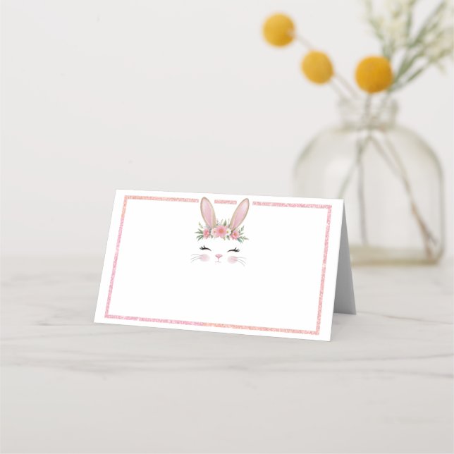 Pink Glitzer Floral Bunny Geburtstag Platzkarte (Vorderseite)