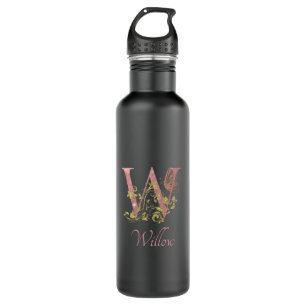 Pink Glitzer Floral Letter W Matte Black Edelstahlflasche