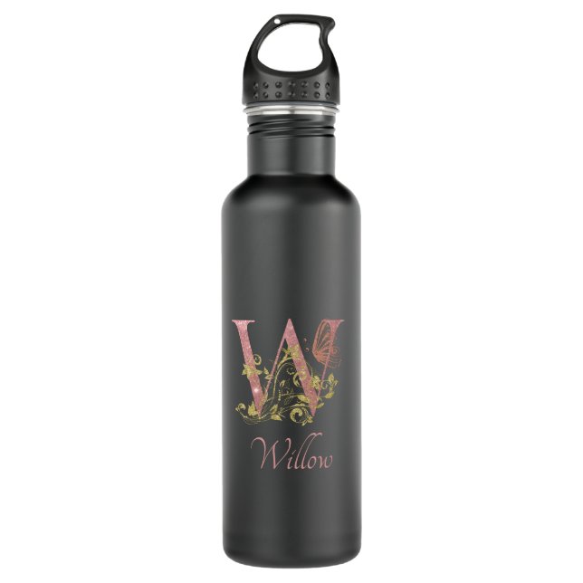 Pink Glitzer Floral Letter W Matte Black Edelstahlflasche (Vorderseite)