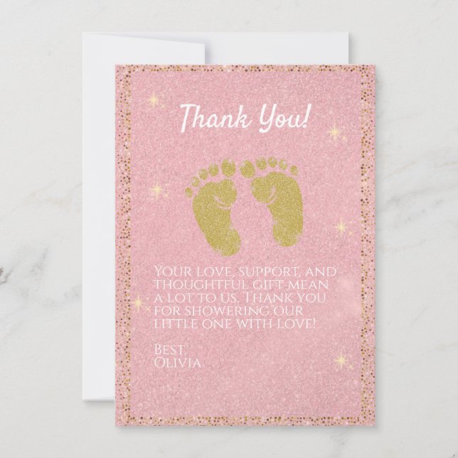Pink Glitzer Footprint Baby Girl Danke Karte (Vorderseite)