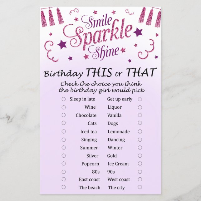 Pink glitzer Geburtstag Dieses oder Das Spiel (Vorderseite)