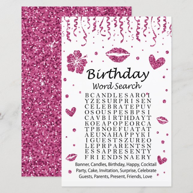Pink Glitzer Geburtstag Word Search Game (Vorne/Hinten)