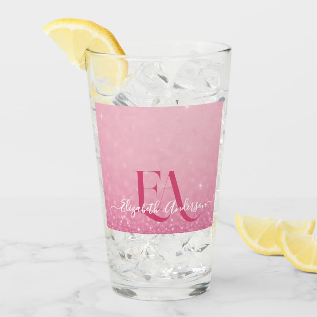 Pink Glitzer Glass Cup mit Name & Initialen Glas (Vorderseite Ice)
