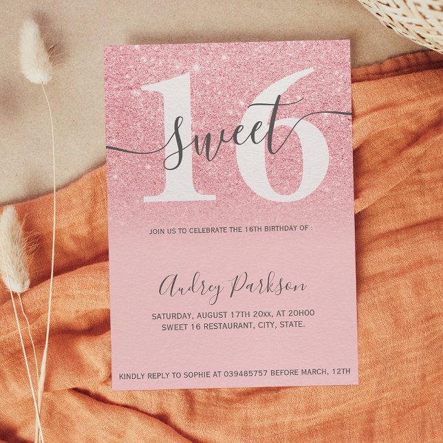 Pink Glitzer Glitzern ombre mädchenskript Sweet 16 Einladung (Pink glitter sparkles ombre girly script Sweet 16 Invitation)