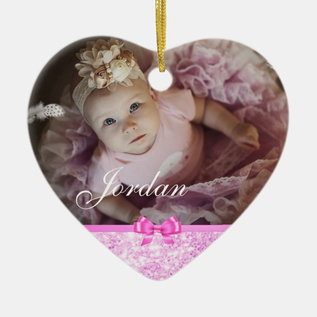 PInk Glitzer Heart Baby Foto Weihnachtsschmuck (Vorne)
