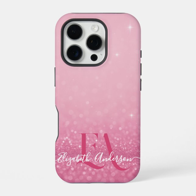 Pink Glitzer iPhone Case mit Initialen & Name Hülle (Rückseite)