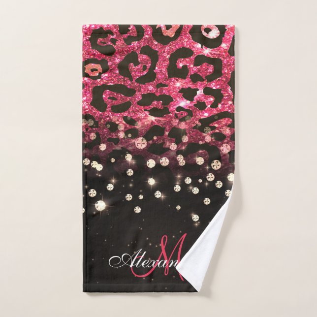 Pink Glitzer Leopard Print und Diamonds Badhandtuch Set (Handtuch)